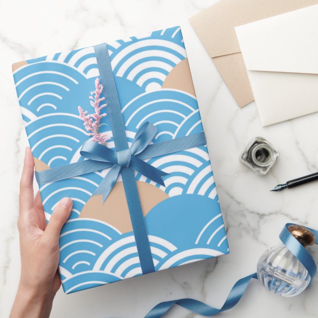 Blue and Beige Japanese Wave Pattern  Geschenkpapier (Schenken)