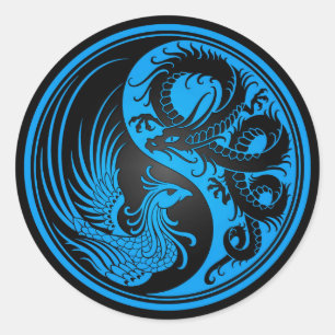 Blue and Black Dragon Phoenix Yin Yang Runder Aufkleber