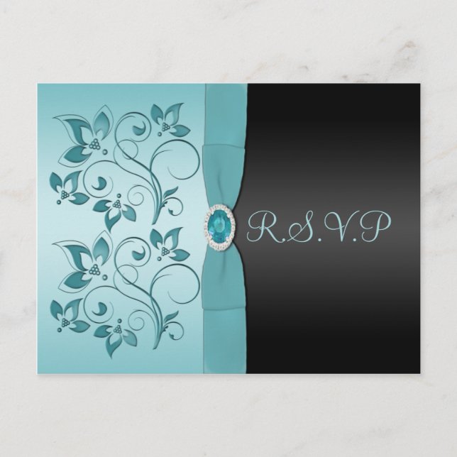 Blue and Black Floral R.S.V.P Postkarte (Vorderseite)