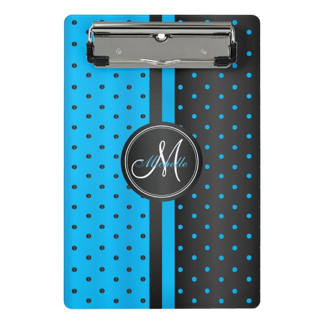 Blue and Black Polka Dots - Monogramm Mini Klemmbrett (Vorderseite)