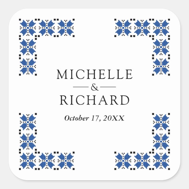 Blue and Black Ukrainian Embroidery Wedding Quadratischer Aufkleber (Vorderseite)