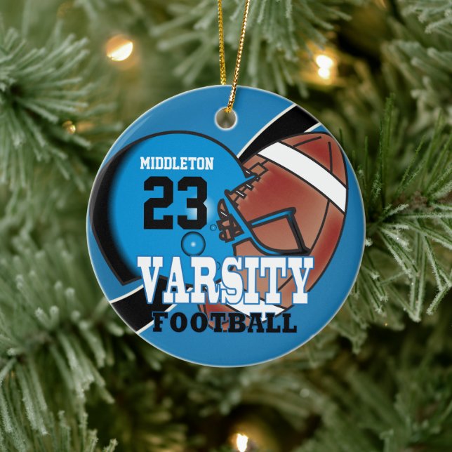 Blue and Black Varsity Football Keramik Ornament (Baum)