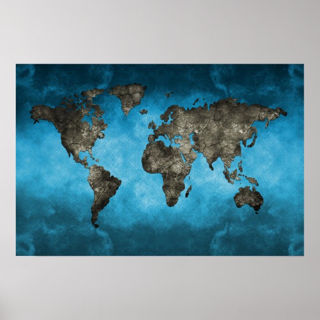 Blue and Black World Map Poster (Vorne)