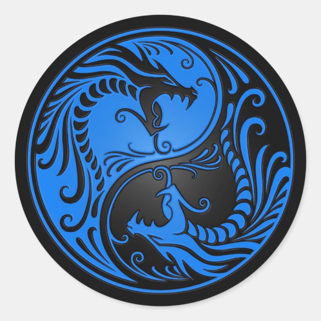 Blue and Black Yin Yang Dragons Runder Aufkleber (Vorderseite)
