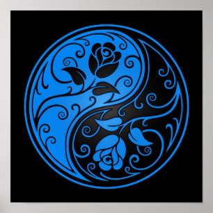 Blue and Black Yin Yang Rose Poster