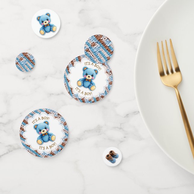 Blue and Brown Crocheted Teddy Bear It's a Boy Konfetti (Gruppe)