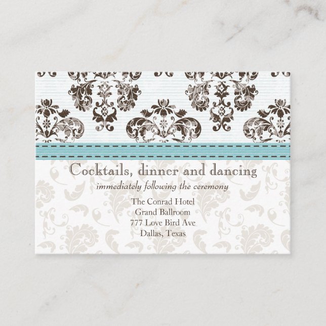 Blue and Brown Damask Wedding Empfang Ca Begleitkarte (Vorderseite)