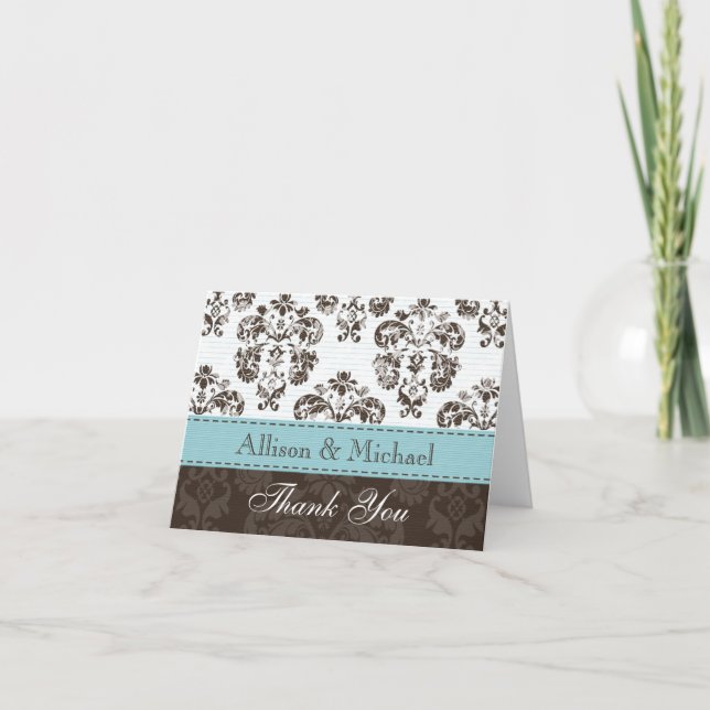 Blue and Brown Damask Wedding Vielen Dank Nein Dankeskarte (Vorderseite)
