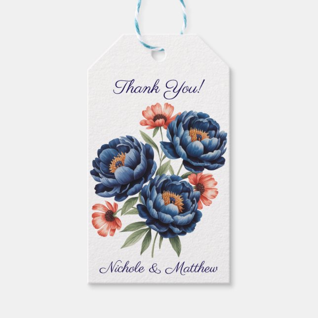 Blue and Burnt Orange Floral Wedding Thank You Geschenkanhänger (Vorderseite)