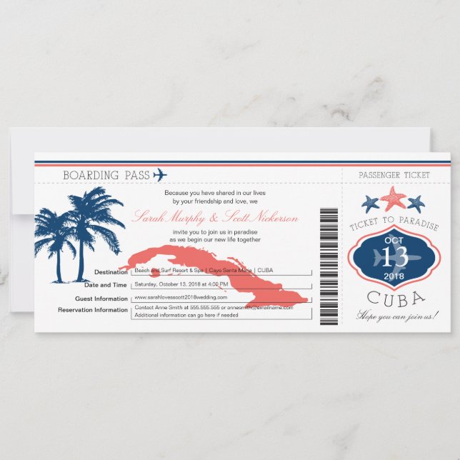 Blue and Coral Cuba Boarding Pass Palm Tree Einladung (Vorderseite)
