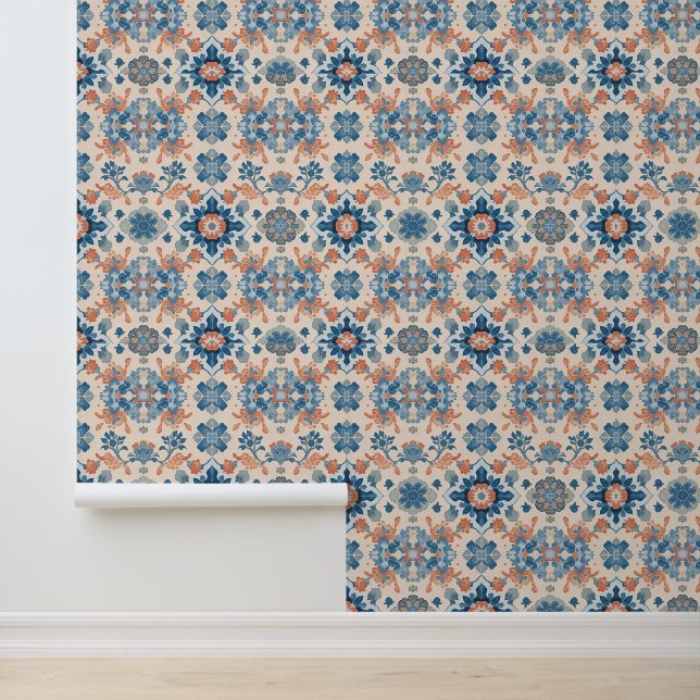 Blue and Coral Floral Medley Tapete (Anwendung)