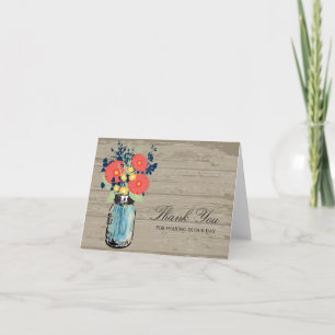 Blue and Coral Garden Mason Jar Wood Hochzeit Dankeskarte