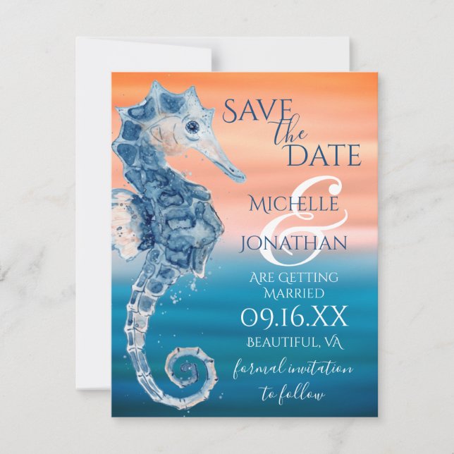 Blue and Coral Seepferd Beach Wedding Save The Date (Vorderseite)