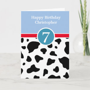 Blue and Cow Print 7th Birthday Card Karte