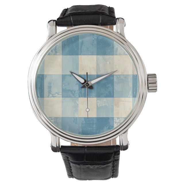 Blue and cream checkered pattern armbanduhr (Vorderseite)