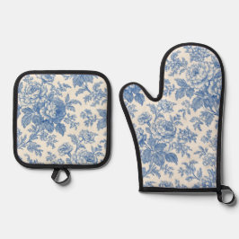 Blue and Cream Floral Toile de Jouy Ofenhandschuh & Topflappen-Set