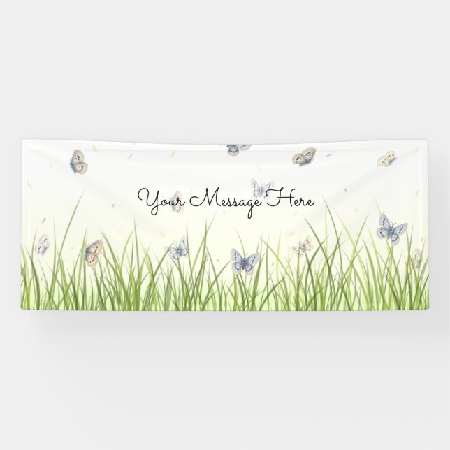 Blue and Crème Butterfets Charming Garden Scene B Banner (Horizontal)