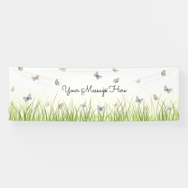 Blue and Crème Butterfets Charming Garden Scene B Banner (Horizontal)