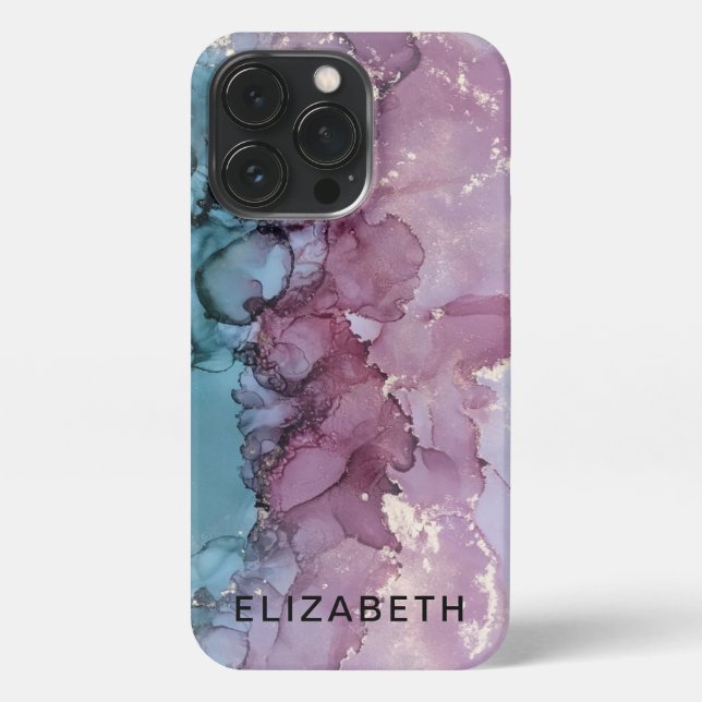 blue and dusty pink gold marble personalized  iPhone hülle (Rückseite)