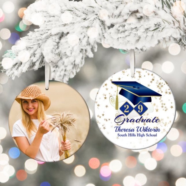 Blue and Gold 20xx Graduate Foto Keramik Ornament (Blue and Gold Graduate Photo Ceramic Ornament)