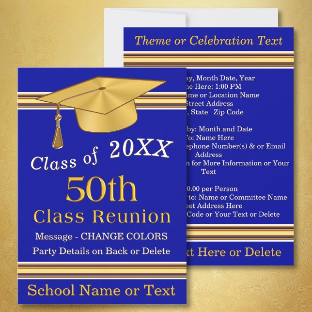 Blue and Gold 50. Class Wiedersehen Einladungen (Customizable, 50th Class Reunion Invitations. Blue and Gold, 50 year class reunion invitations. )