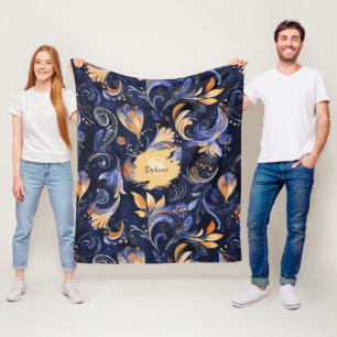 Blue and Gold Abstrakt Paisley Blätter Fleecedecke