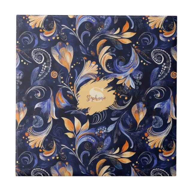 Blue and Gold Abstrakt Paisley Blätter Fliese (Vorderseite)