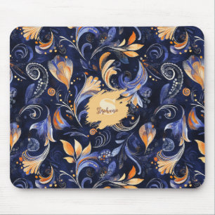 Blue and Gold Abstrakt Paisley Blätter Mousepad