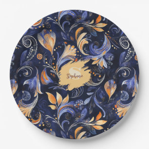 Blue and Gold Abstrakt Paisley Blätter Pappteller