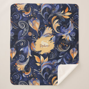 Blue and Gold Abstrakt Paisley Blätter Sherpadecke