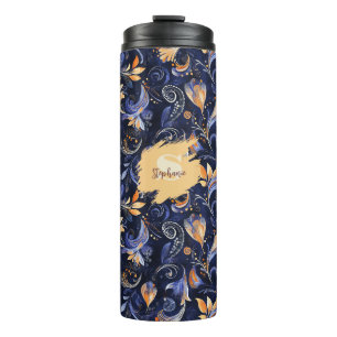 Blue and Gold Abstrakt Paisley Blätter Thermosbecher