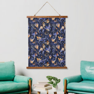 Blue and Gold Abstrakt Paisley Blätter Wandteppich Mit Holzrahmen