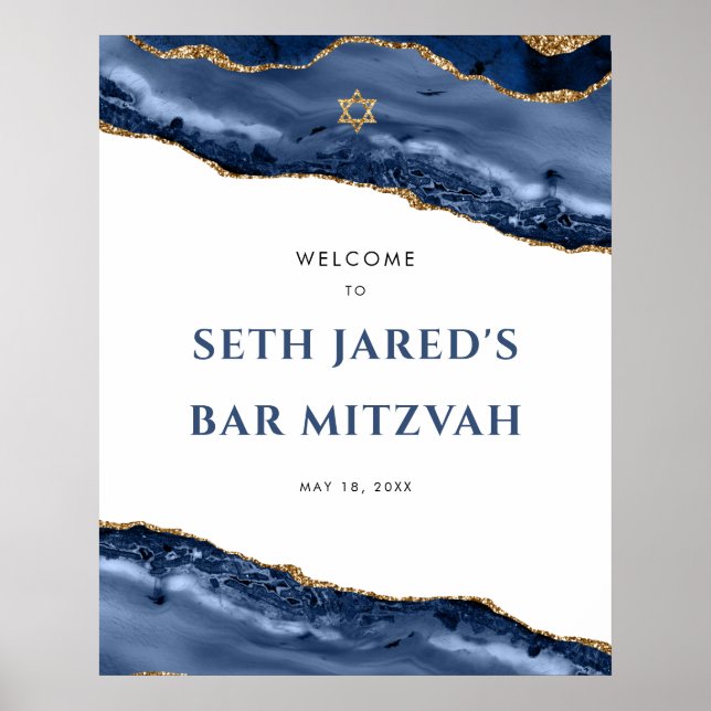 Blue and Gold Agate Border Bar Mitzvah Welcome Pos Poster (Vorne)