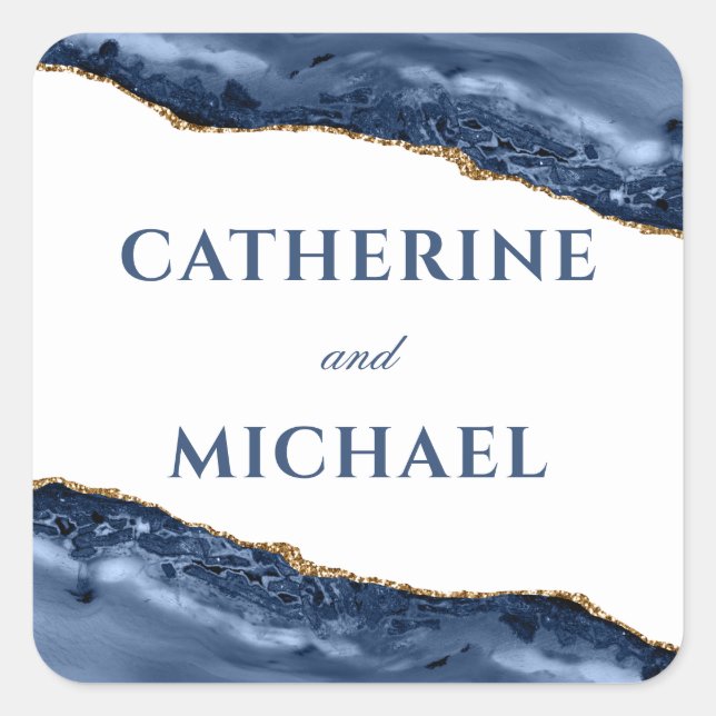 Blue and Gold Agate Border Gastgeschenk Hochzeit Quadratischer Aufkleber (Vorderseite)