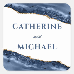 Blue and Gold Agate Border Gastgeschenk Hochzeit Quadratischer Aufkleber