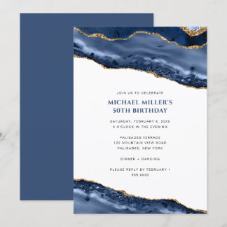 Blue and Gold Agate Geode Border Birthday Einladung