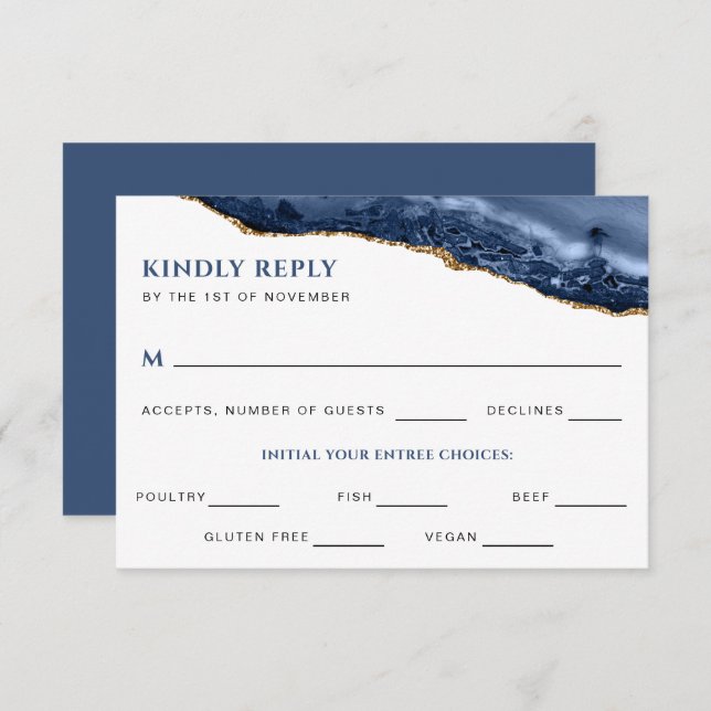 Blue and Gold Agate Geode Wedding Repcard Einladung (Vorne/Hinten)