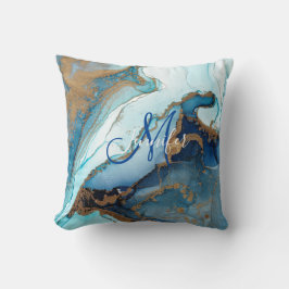 Blue and Gold Agate Marble Geode Kintsugi Monogram Kissen