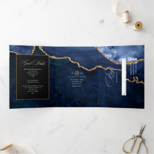 Blue and Gold Agate Wedding Tri-Fold Einladung