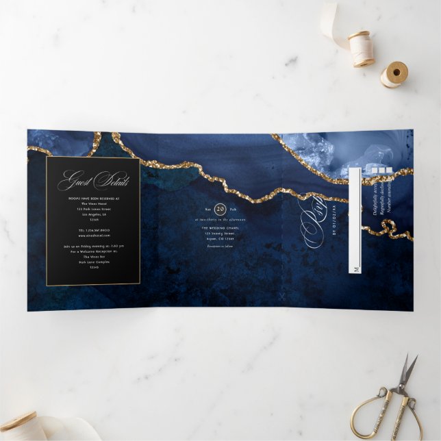 Blue and Gold Agate Wedding Tri-Fold Einladung (Innenseite)