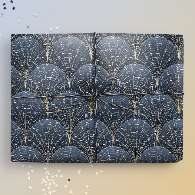 Blue and Gold Art Deco Cobweb Luxus Geschenkpapier (Gift mockup)