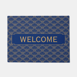 Blue and Gold Art Deco Fan Blume Motif Fußmatte
