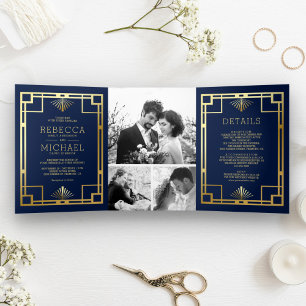 Blue and Gold Art Deco Foto Collage Wedding Dreifach Gefaltete Einladung