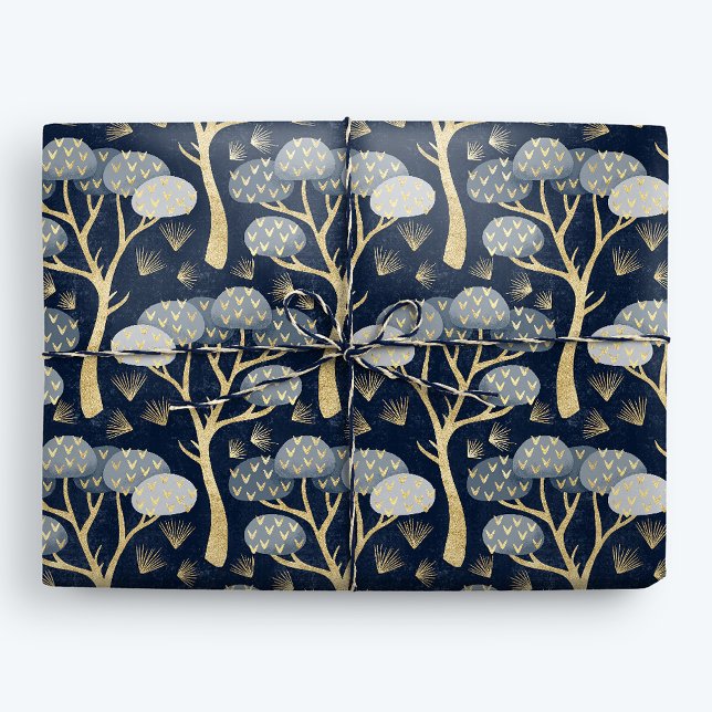 Blue and Gold Art Deco Pine Trees Geschenkpapier (Von Creator hochgeladen)
