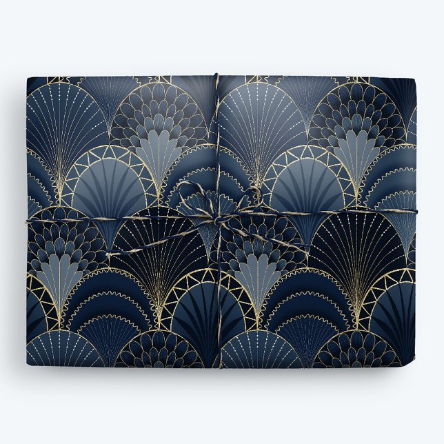 Blue and Gold Art Deco Scallop Luxus Geschenkpapier (Von Creator hochgeladen)