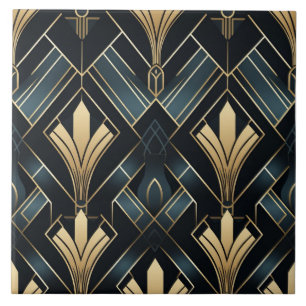 Blue and Gold Art Deco, Shiny and Dark Fliese