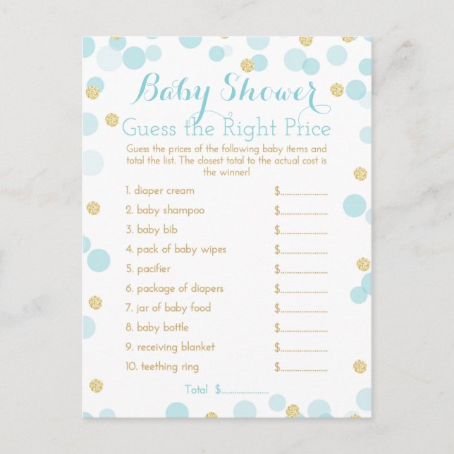 Blue and Gold Baby Dusche Richtige Preis Spiel Einladungspostkarte (Vorderseite)