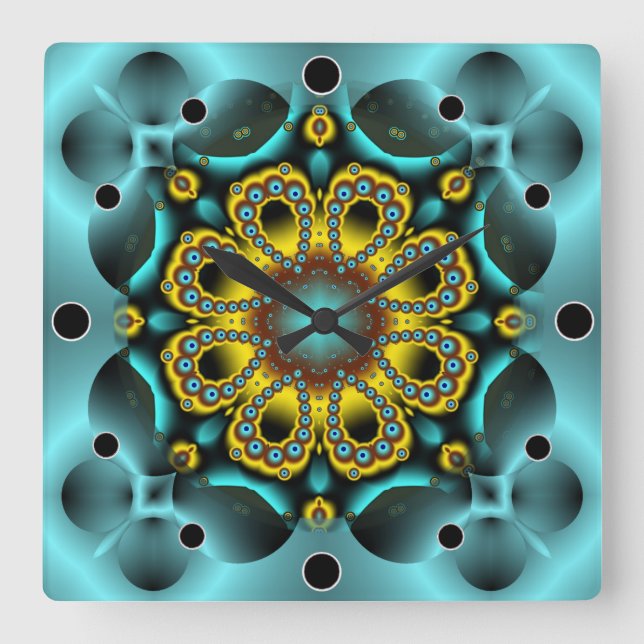 Blue and Gold Blume und Schmetterlinge Quadratische Wanduhr (Vorderseite)