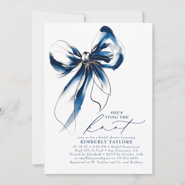 Blue and Gold Bow Elegant Whimsical Bridal Shower Einladung (Vorderseite)