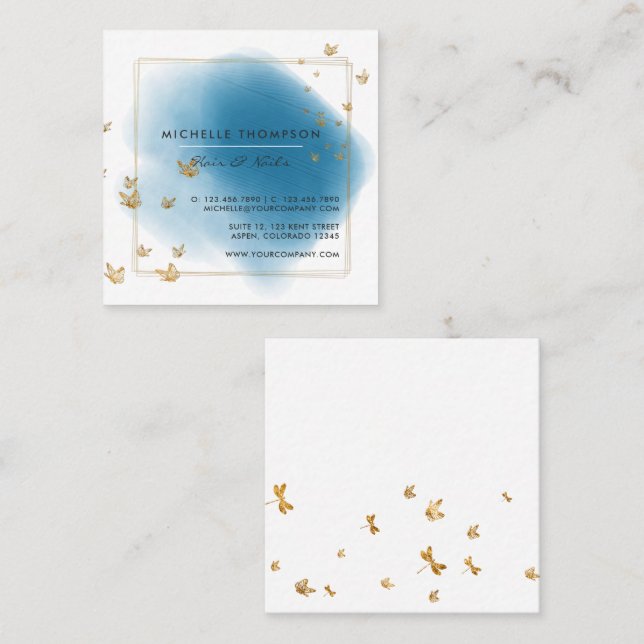Blue and Gold Brushstrokes Square Business Card Quadratische Visitenkarte (Vorne/Hinten)